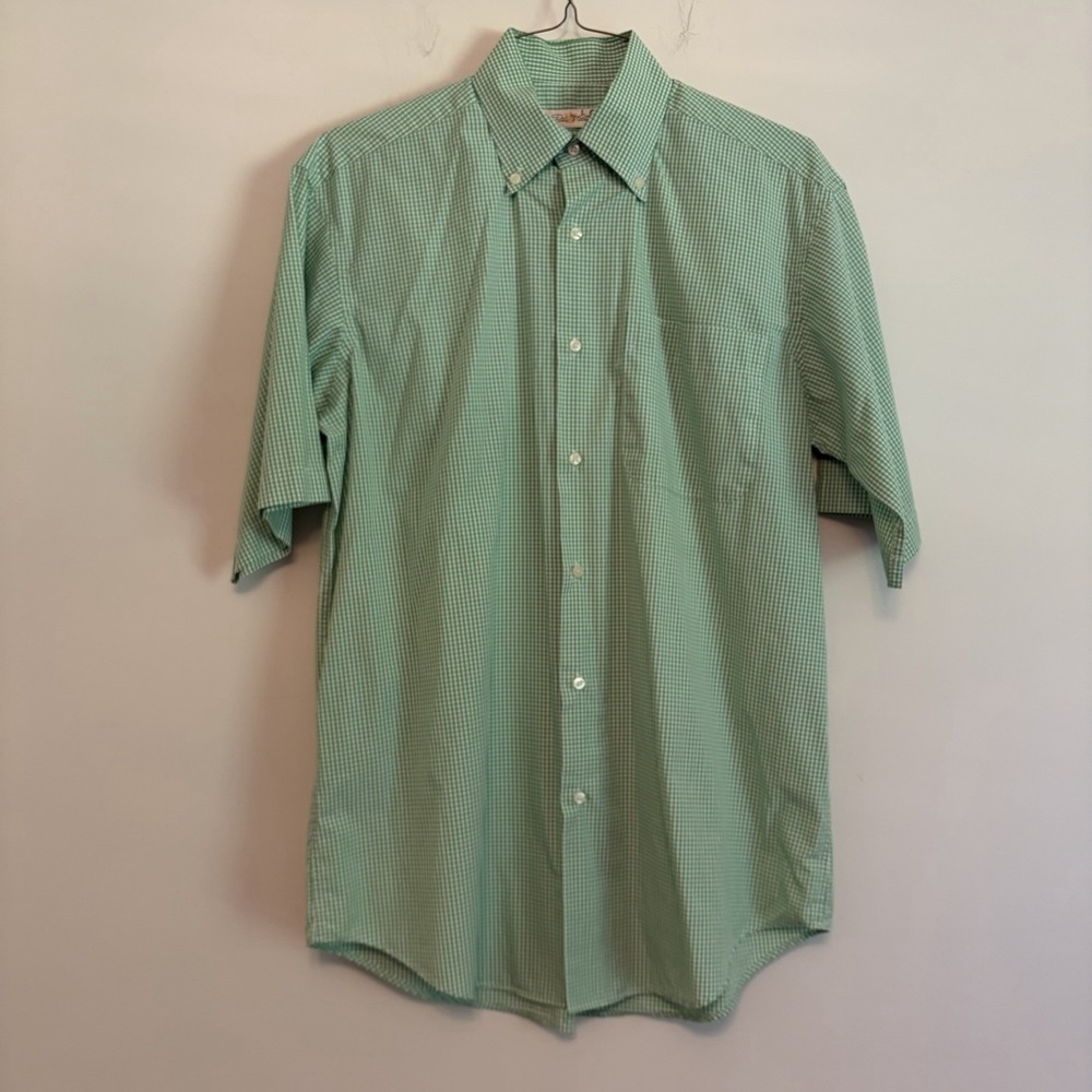 Peter Millar Medium button down collared short sleeve shirt Green White Workwear